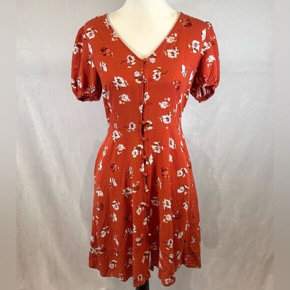 Burnt orange rust button down textured floral dress with pockets size XS - Picture 1 of 7